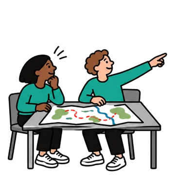 Two people at a table looking at a map, one pointing the way