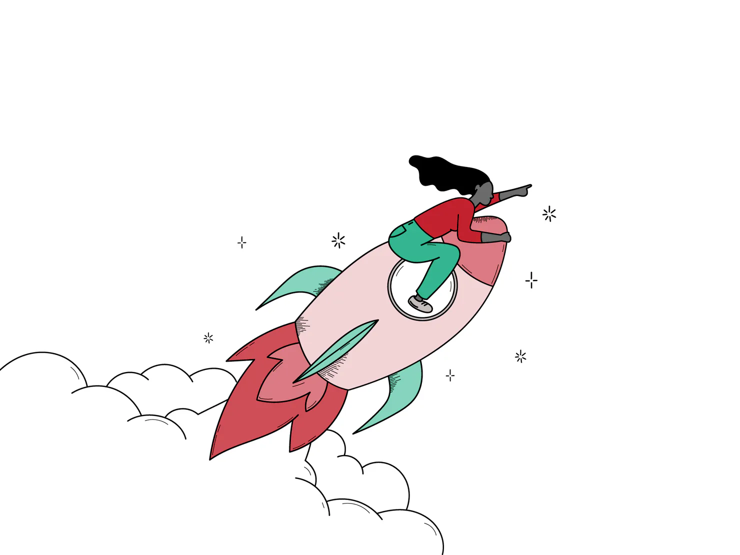 A woman riding a rocket pointing forward