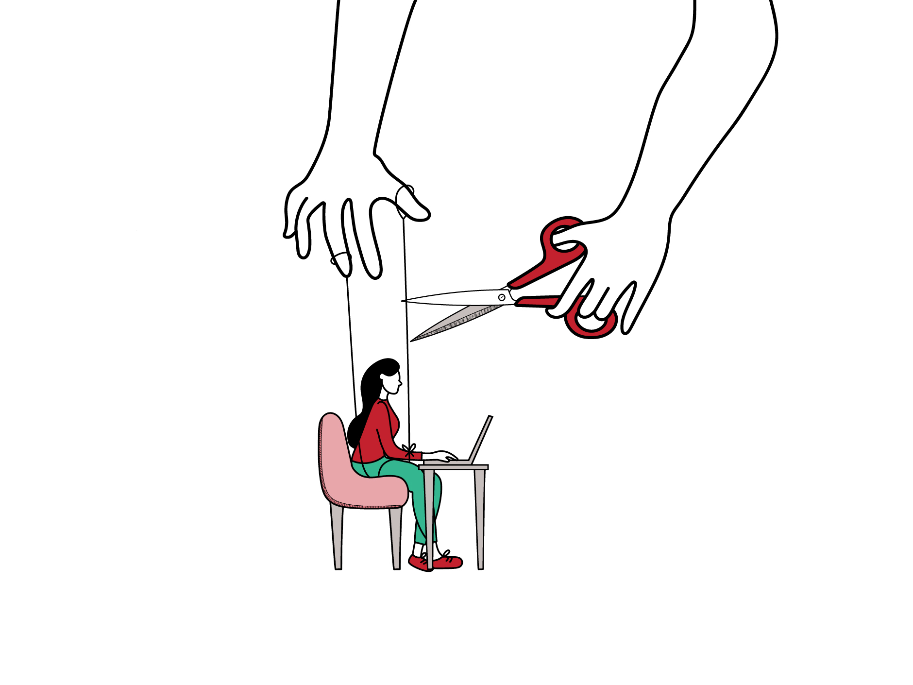Someone sat at a desk and their puppeteer is cutting the strings