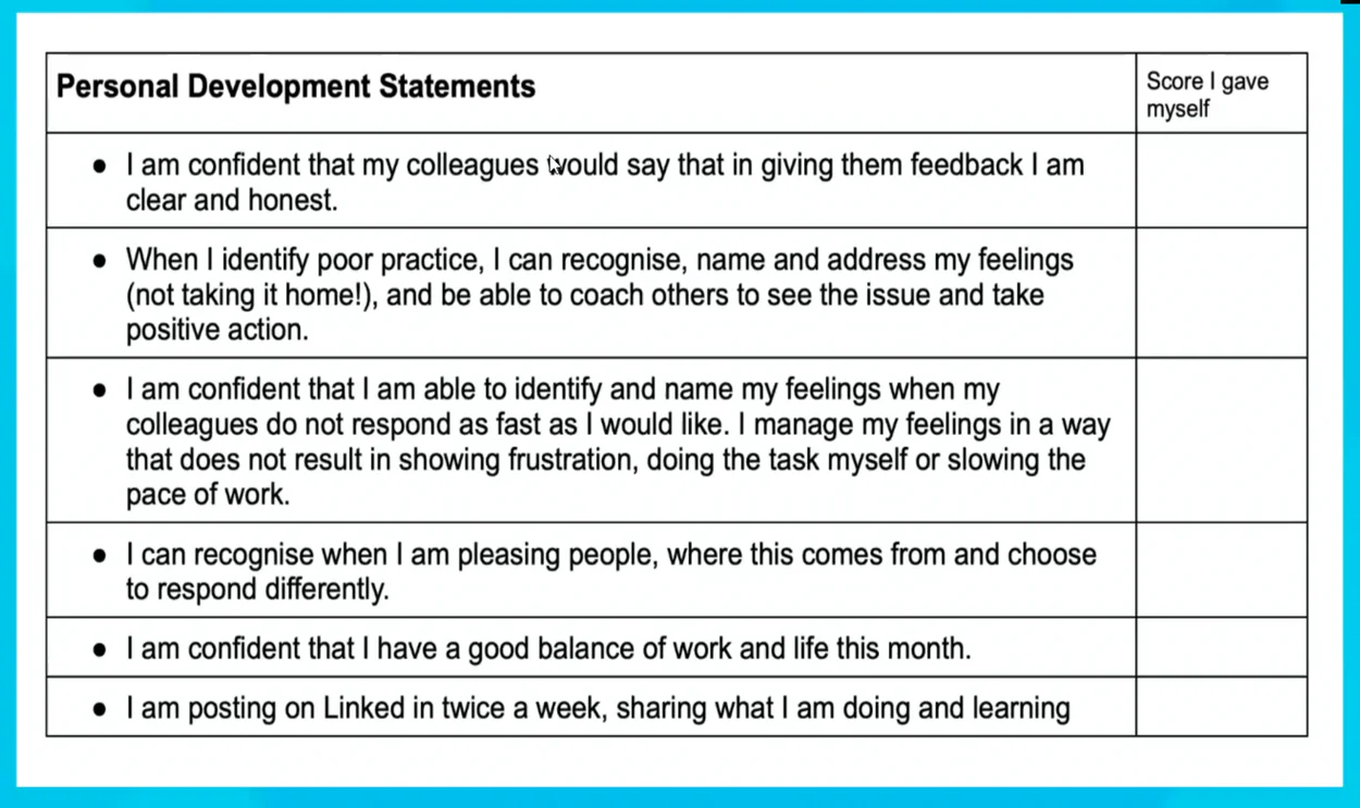 A personal-development self-assessment covering feedback, feelings, identity, balance and what gives meaning to work.
