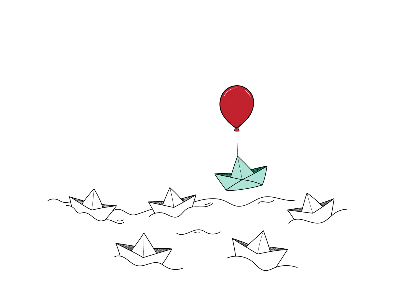 Paper boats on a white sea with a red balloon lifting one into the air