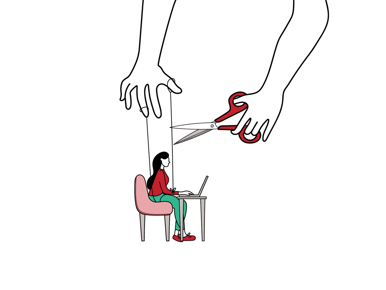 A puppet at a desk with hands using scissors to cut the puppet wires