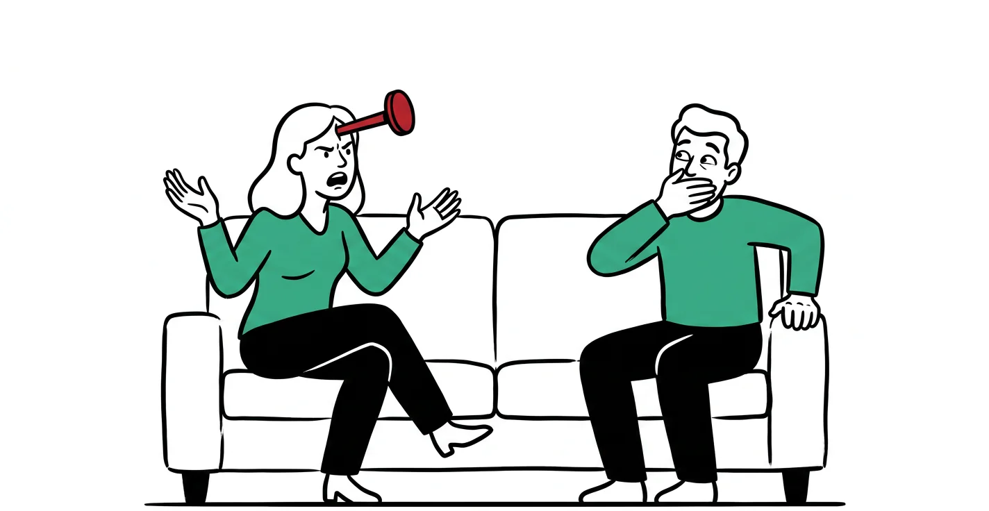 A woman complaining with a nail in her head and a man trying not to say anything about it