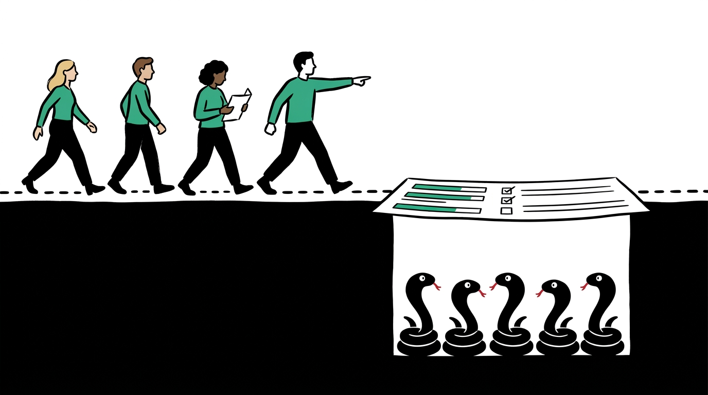 A group of people about to walk over a pit covered with a project plan but beneath it is a pit of snakes