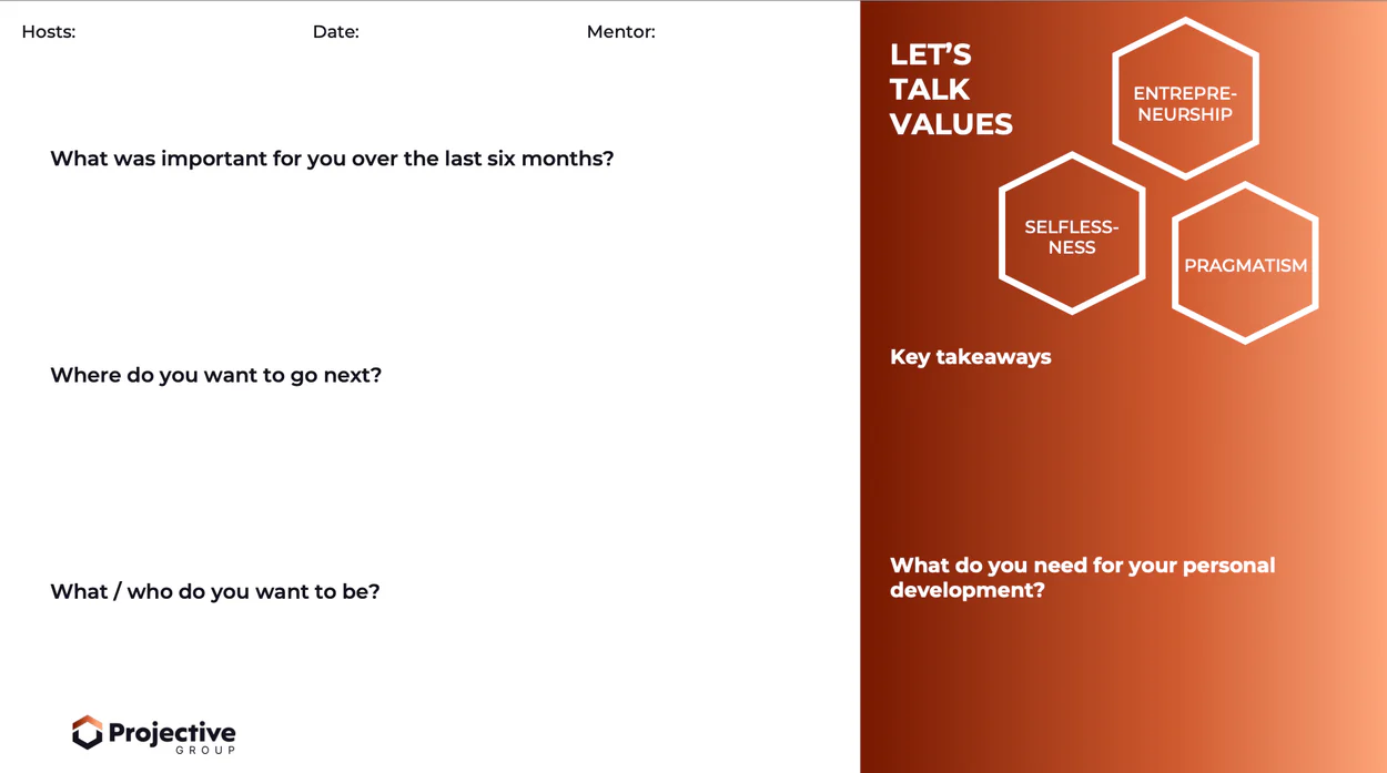 A values reflection worksheet: what mattered during the last six months, what to focus on next, and personal-development needs, alongside enterprise, selflessness and pragmatism.