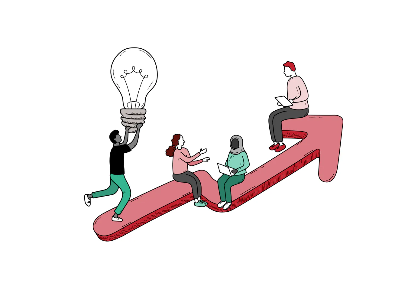Arrow pointing upwards with people sitting on it 