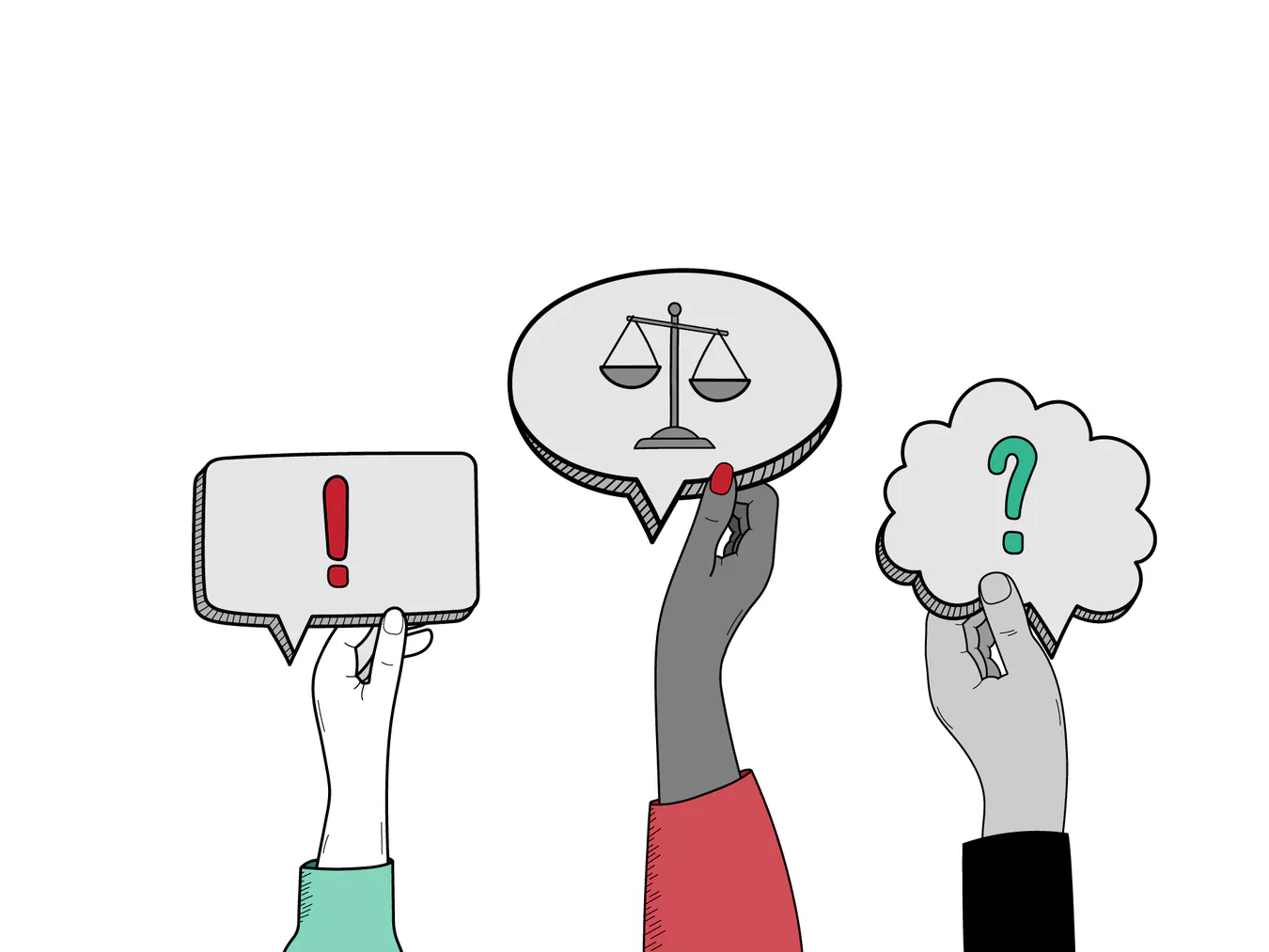 Hands holding conversation bubbles containing an exclamation point, a question mark and a weighing scale