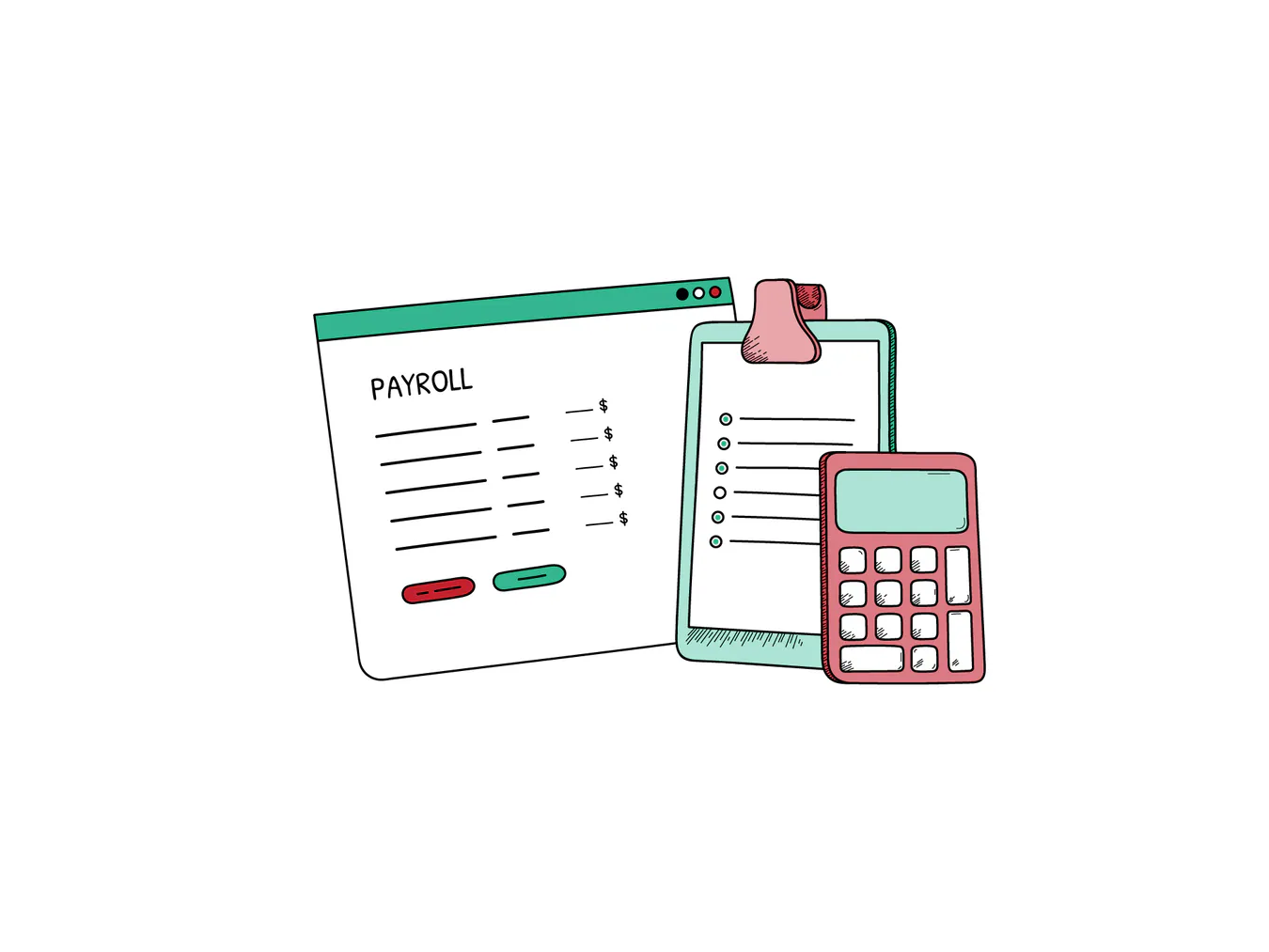 A browser with payroll beside a todo list and calculator