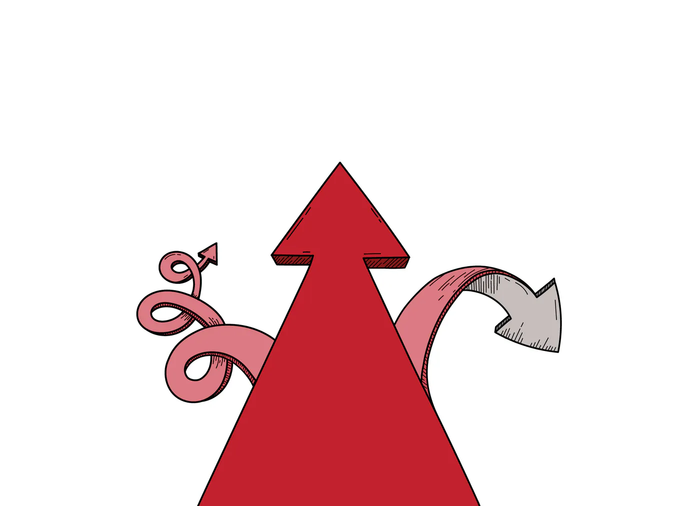A red arrow pointing forward with branching arrows either side