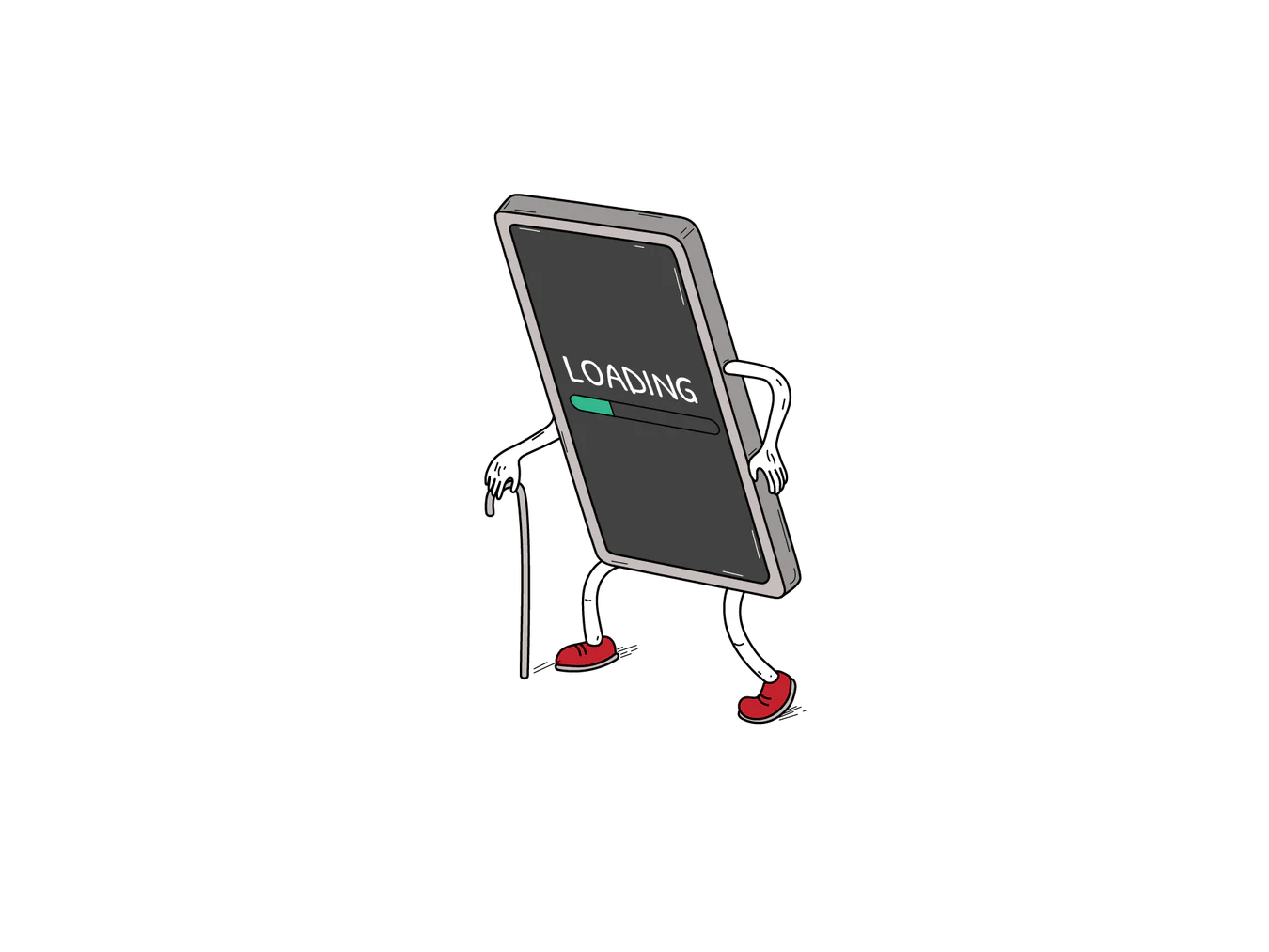 An old smartphone with a loading screen display walking with a cane like an elderly person