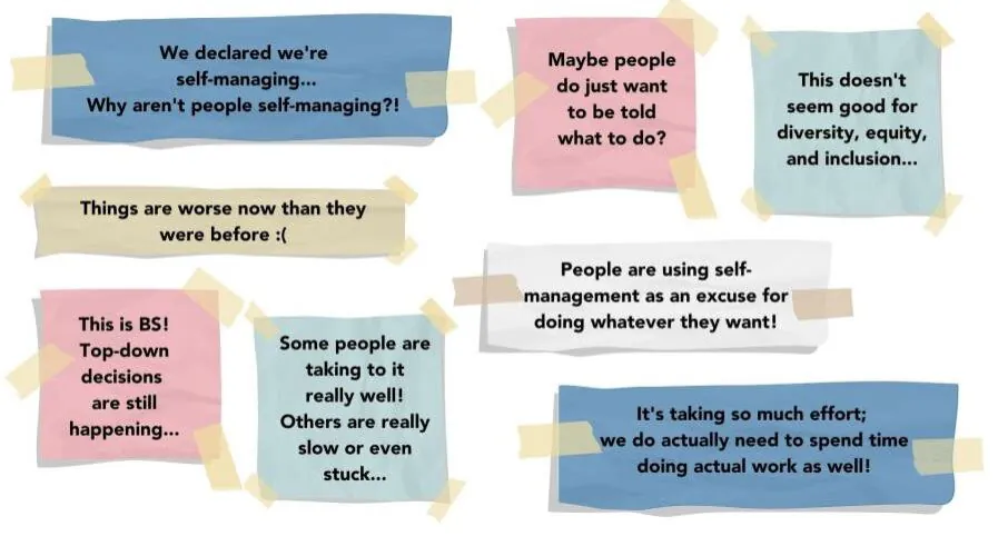 Common difficulties with self-management: uncertainty about what to do, reduced teamwork, top-down decisions, slow progress and concern for diversity, equity and inclusion.
