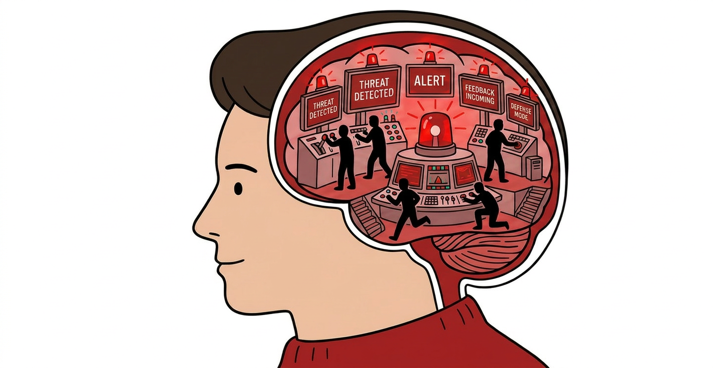 A cross-section of a human head with the brain depicted as a control room in full red-alert mode — tiny operators frantically pulling levers, monitors flashing &quotFEEDBACK INCOMING&quot, &quotTHREAT DETECTED,&quot warning lights spinning. Outside, the person's face is calm and attentive.