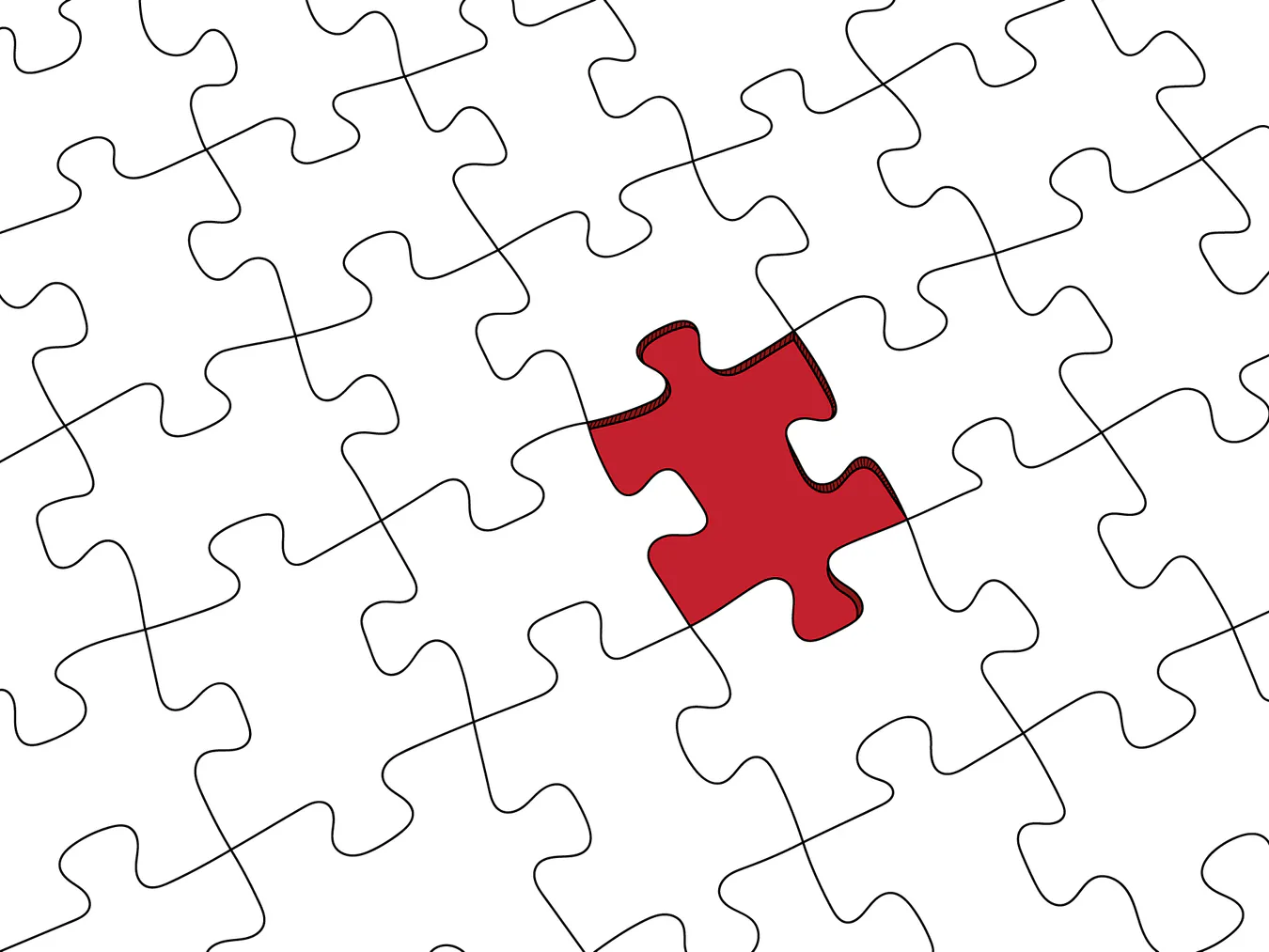 A white jigsaw with a piece missing exposing red underneath